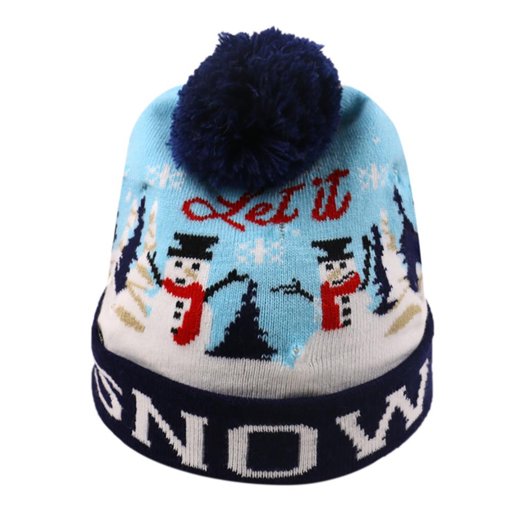 Christmas Knitting Hat Colorful LED Light Wool Ball Snowman Snowflake Elk X-mas Tree Beanies