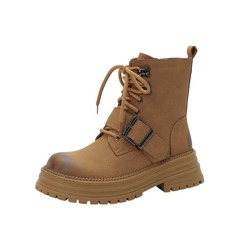 2025 autumn and winter new thick-soled lace-up Martin boots women's belt buckle British style polished short boots locomotive boots rhubarb boots
