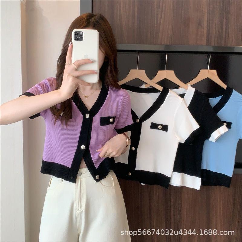 

Женский летний вязаный кардиган с V-образным вырезом - модная укороченная футболка Ice Silk с высокой талией One Size [fits 75-120 lbs]