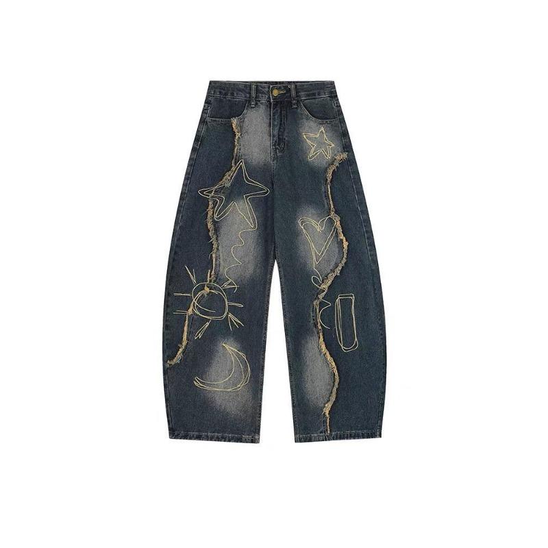 Unisex Loose Wide Leg Long Distressed Washed Denim Jeans
