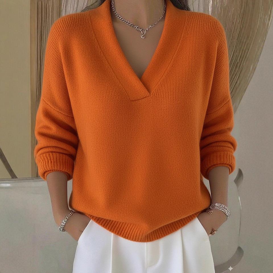 Maglione da Donna Morbido a Maglia con Scollo a V Colore Unico Vestibilità Larga Manica Lunga Pullover