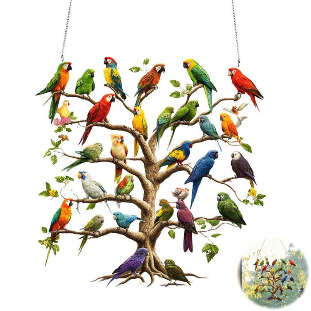Acryl Vogelbaum Hängendes Ornament Flacher Anhänger Vogelbaum Design Fensteranhänger Aufhängekette Bunte Wanddekoration Gartendekoration