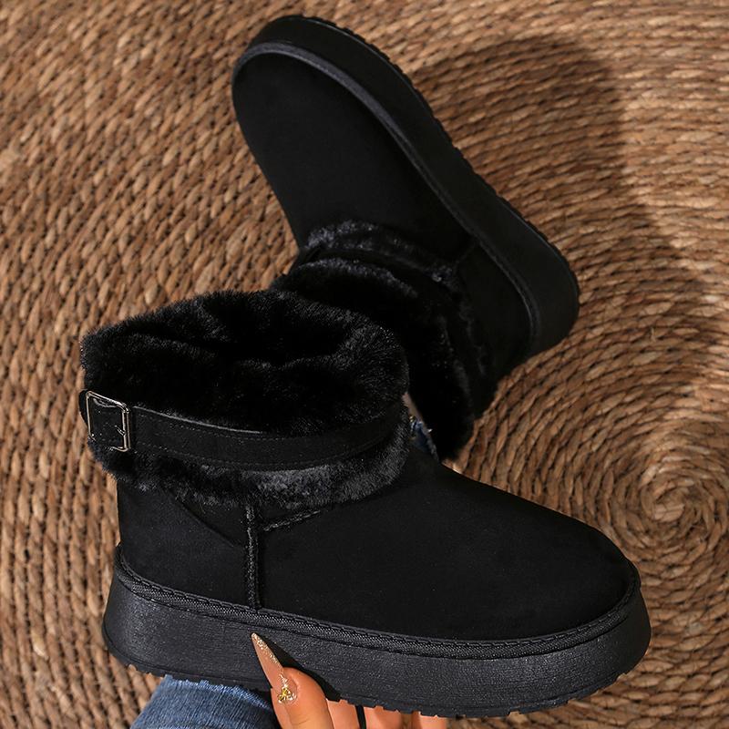 Fashion Buckle Faux Fur Winter Ankle Boots Women Cotton Padded Thicken Plush Snow Boots Comfort Thick Sole Non Slip Platform Casual Shoe