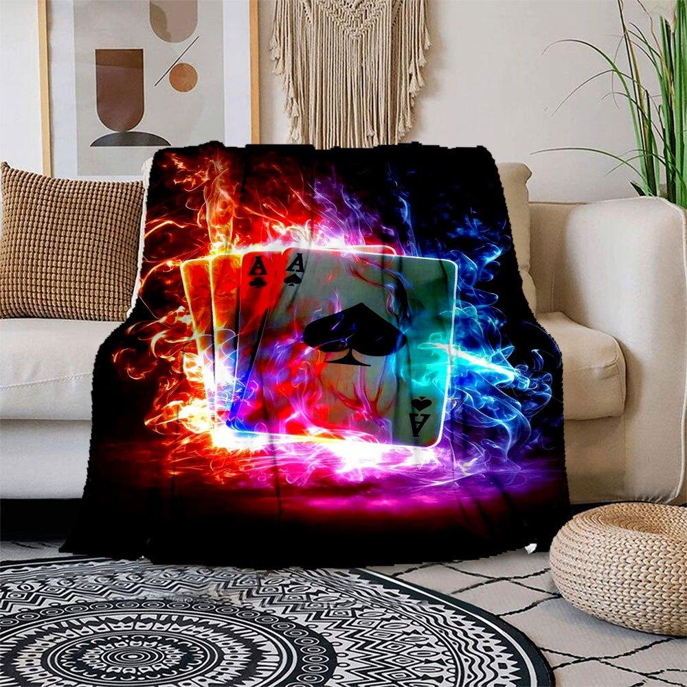 Flaming Ace of Spades Playing Cards - Neon Poker Deck Blanket Flannel Throw Blanket for Sofa, Bed, Travel, Camping, Office 100x150cm
