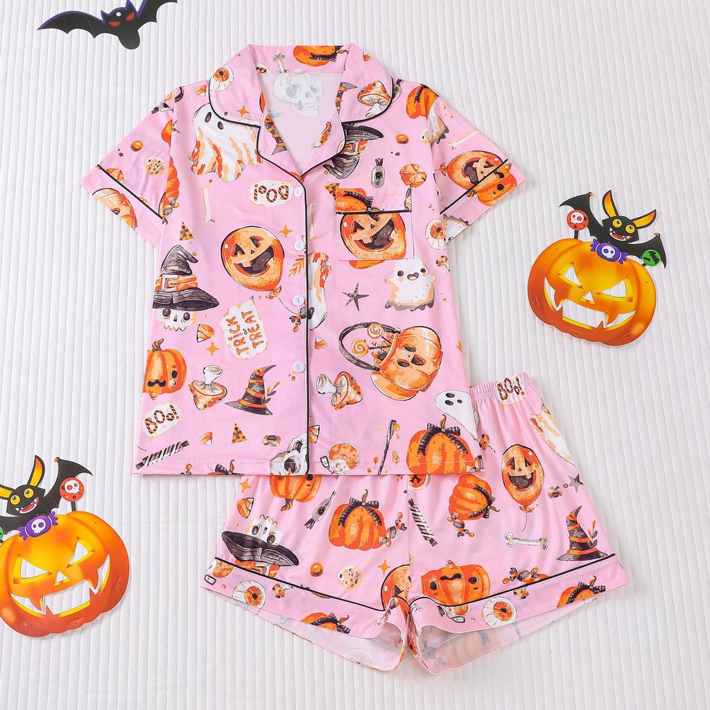 Ladies Pajamas Halloween Printed Lapel Short Sleeve Shorts Loungewear Set