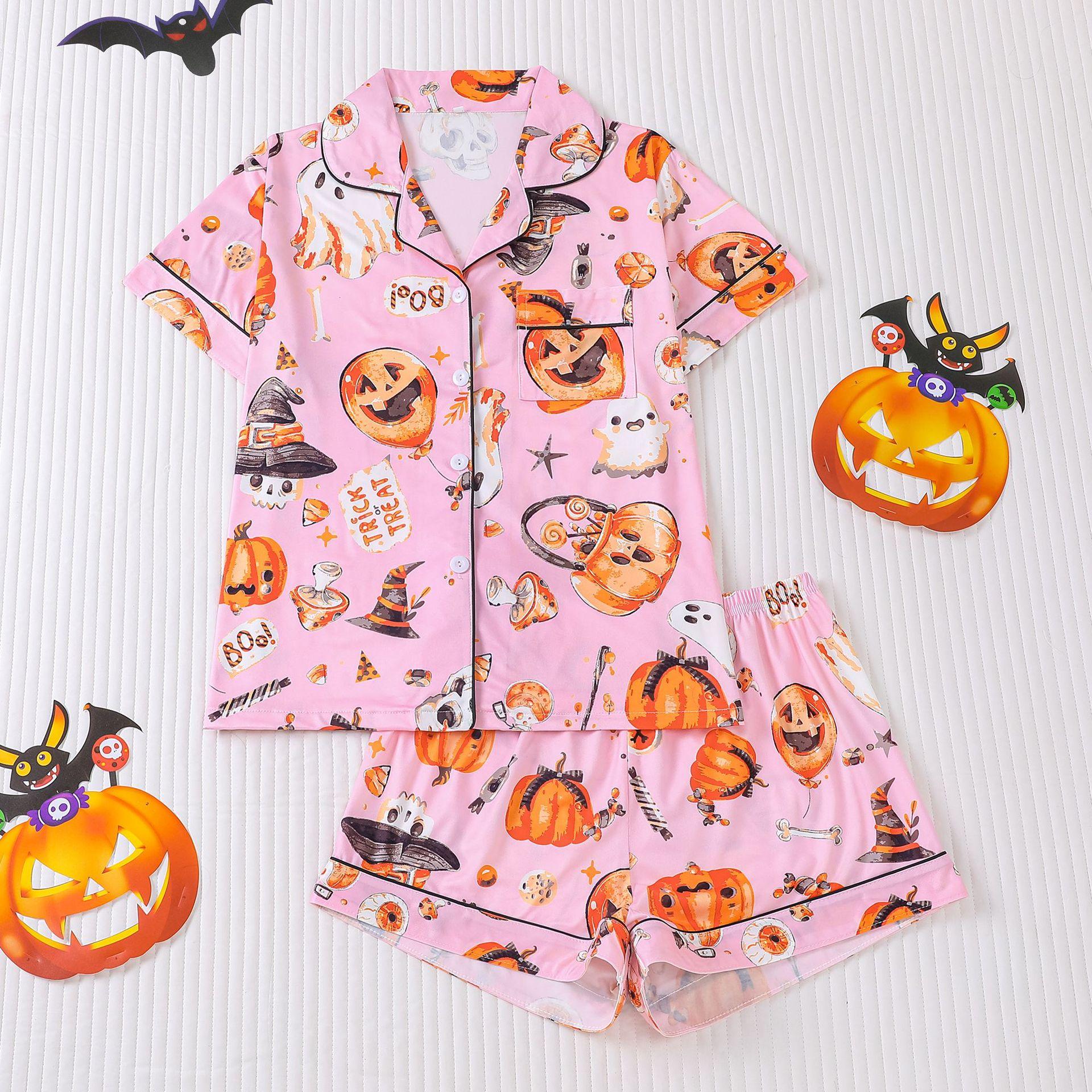 

Ladies Pajamas Halloween Printed Lapel Short Sleeve Shorts Loungewear Set XXL