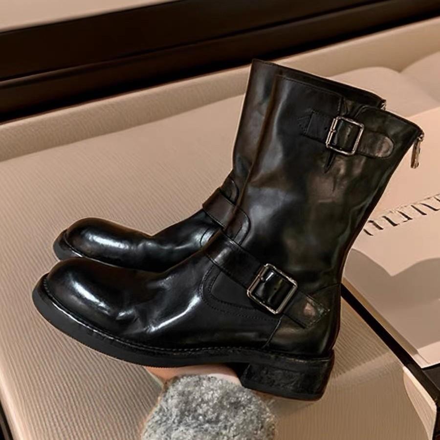 2025 autumn and winter new cowhide British style belt buckle medium boots femininity thick-soled Martin boots