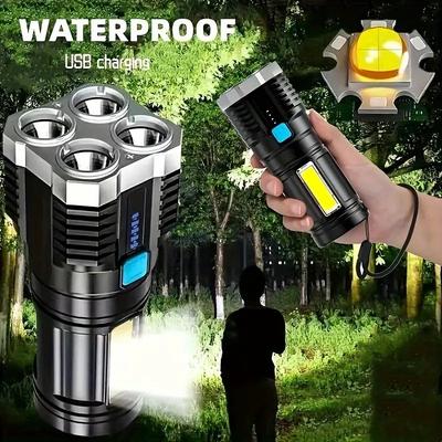 Lampe de poche puissante avec charge, Super Lumineuse USB Rechargeable 4 LED Lanterne Portative Camping Lampe Torche Portable Pour panne de courant d'urgence