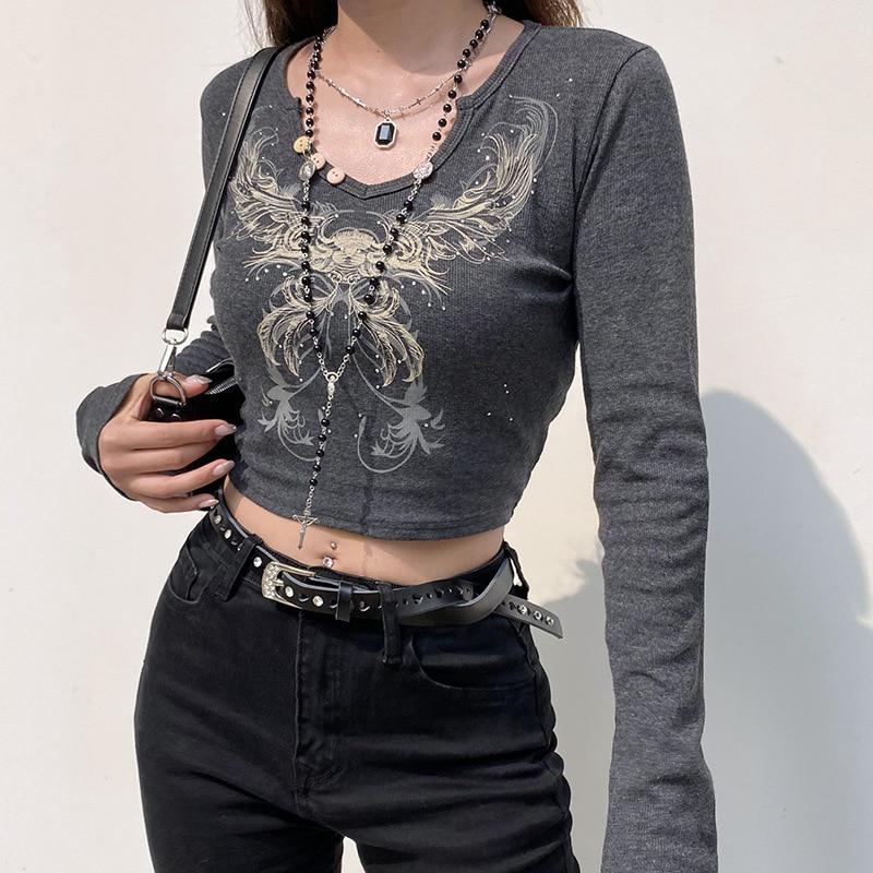 Crop Top Women Vintage Grunge Graphic Print Slim Fit Fairy Tees Tops Retro Aesthetic Long Sleeve Female T Shirt Streetwear