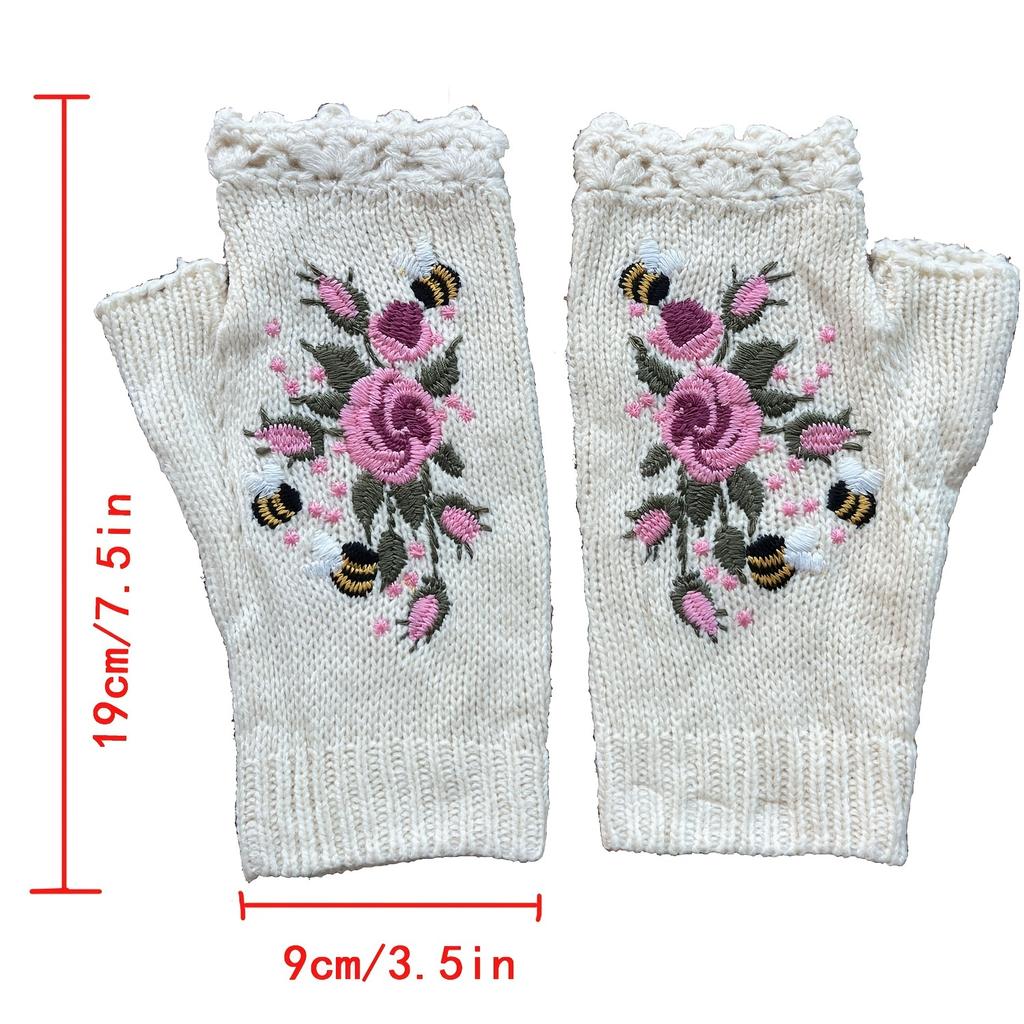Handmade Flower Embroidered Gloves Women Fingerless Knit Gloves Autumn Winter Cold Proof Writing Gloves INS Embroidered with Bee