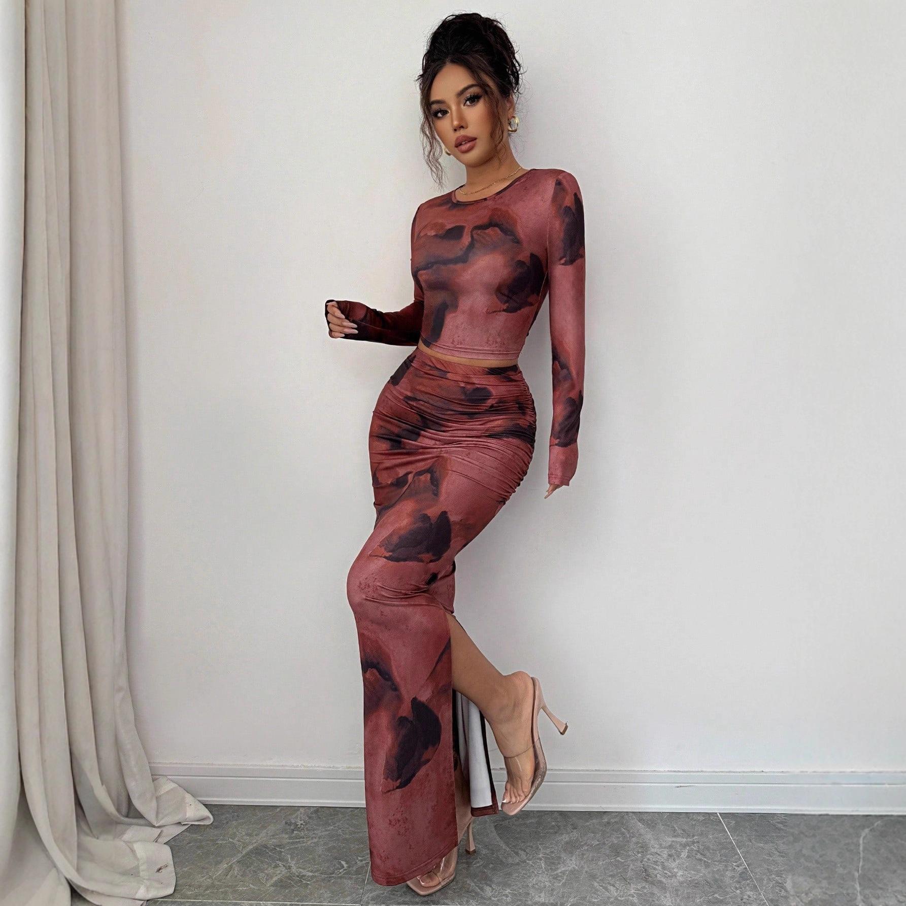 

Spring New Two-piece Set of Women s Tie-dye Pattern Long-sleeved T-shirts and Tight-fitting Long Skirt Set XXL кармін