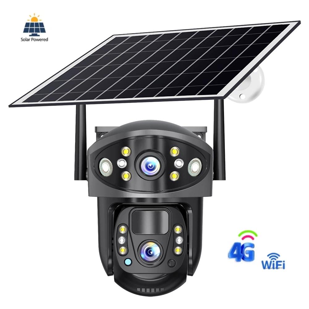 Dual Lens Solar Security Camera, 4G/WiFi Outdoor Monitor with Night Vision, HD Rechargeable PIR Surveillance System