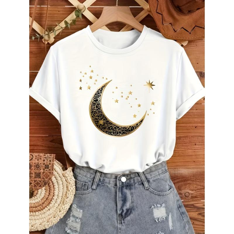 Moon print round neck top T-shirt