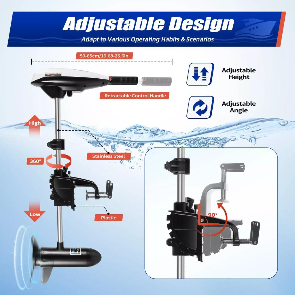 Electric Outboard Trolling Motor 65LB 12V Brush Motor for Fishing Boat Engine