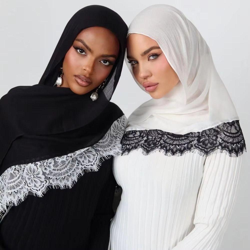 Cotton Turbans Head with Lace Trim Head Wraps New Islamic Crinkle Shawl