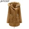 BITCED Fleece-Lined Cotton Coat with Hood and Fur Collar Winter Warmth Outerwear Plus Size Women's Cotton Jacket