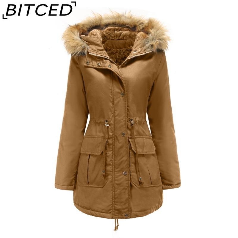 BITCED Fleece-Lined Cotton Coat with Hood and Fur Collar Winter Warmth Outerwear Plus Size Women's Cotton Jacket