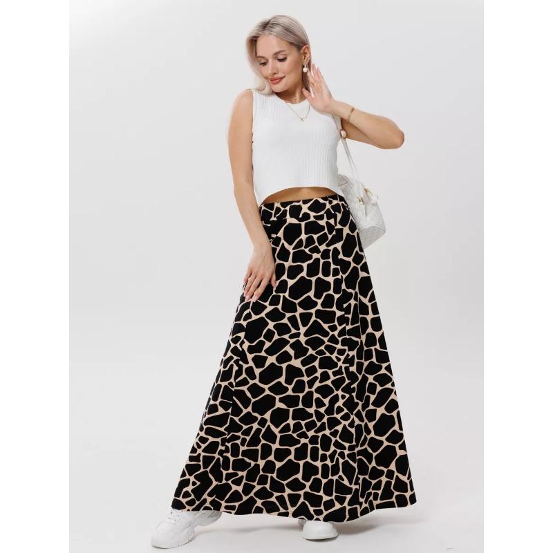 Women's Printed Midi Skirt, Elastic High Waist Flowy A-Line Skirt