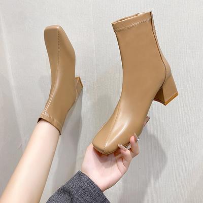 Fashion Women's Thick Heel Medium Heel Boots Women's 2025 New Winter Square Toe Back Zipper Increased Casual Short Boots