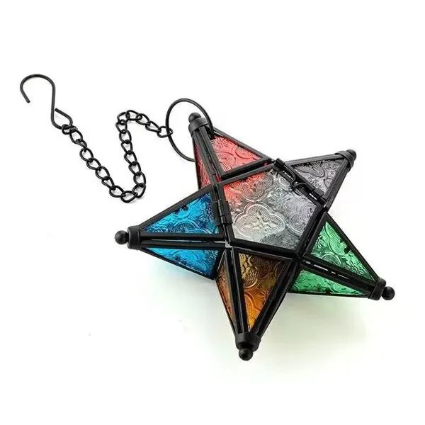 Nordic Retro Iron Art Colored Glass Wind Lamp Windproof Glass Candle Holder Hanging Five Pointed Star Candlestick Garden Decor