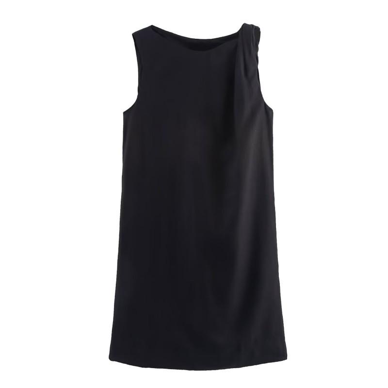 

European American Women s Clothing Summer Temperament Knot Hemp Sleeveless Round Collar Dress L чёрный