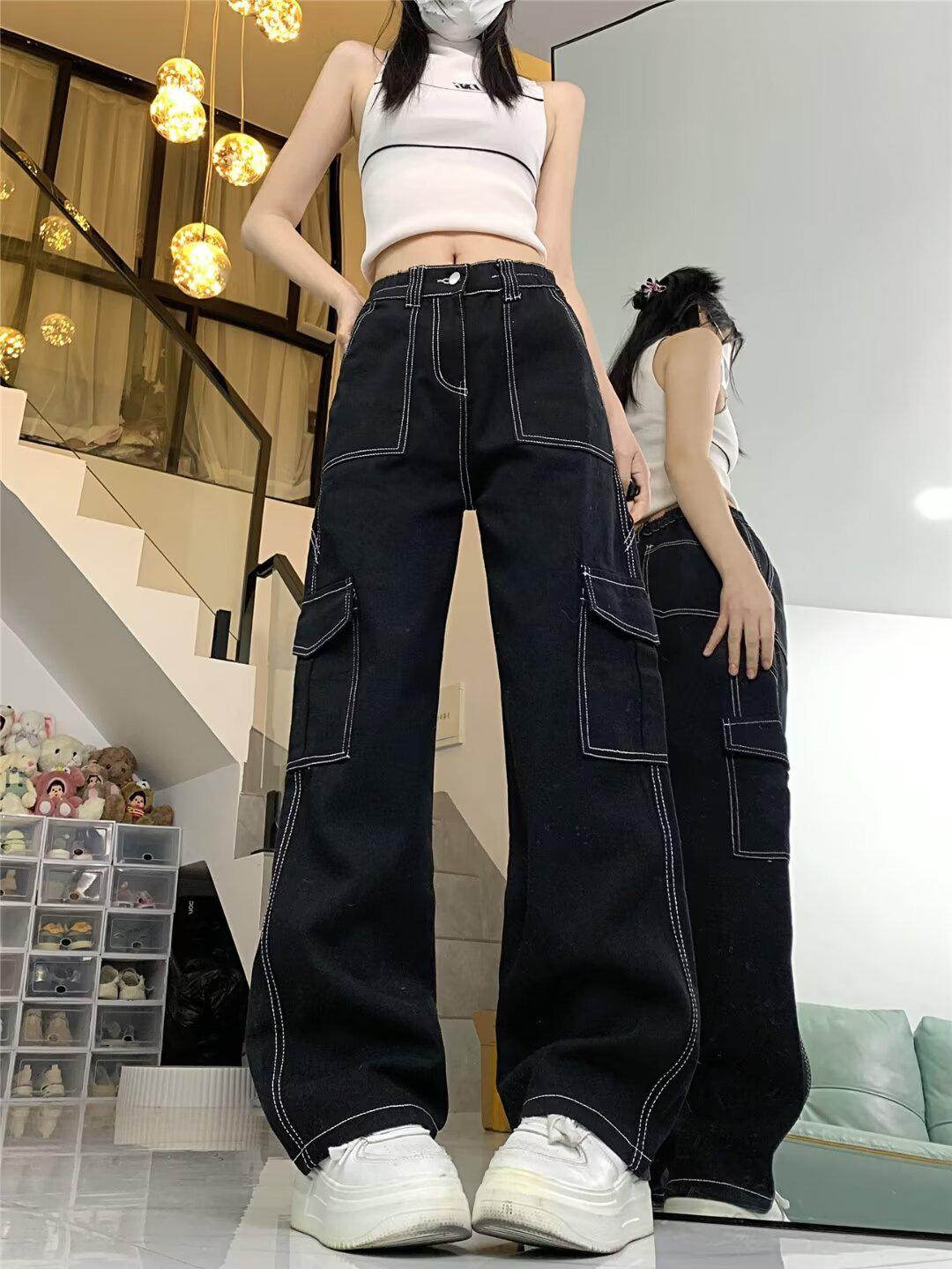 

2024 Летние узкие джинсы для девочек с высокой талией, повседневные, широкие, прямого кроя 2XL чёрный