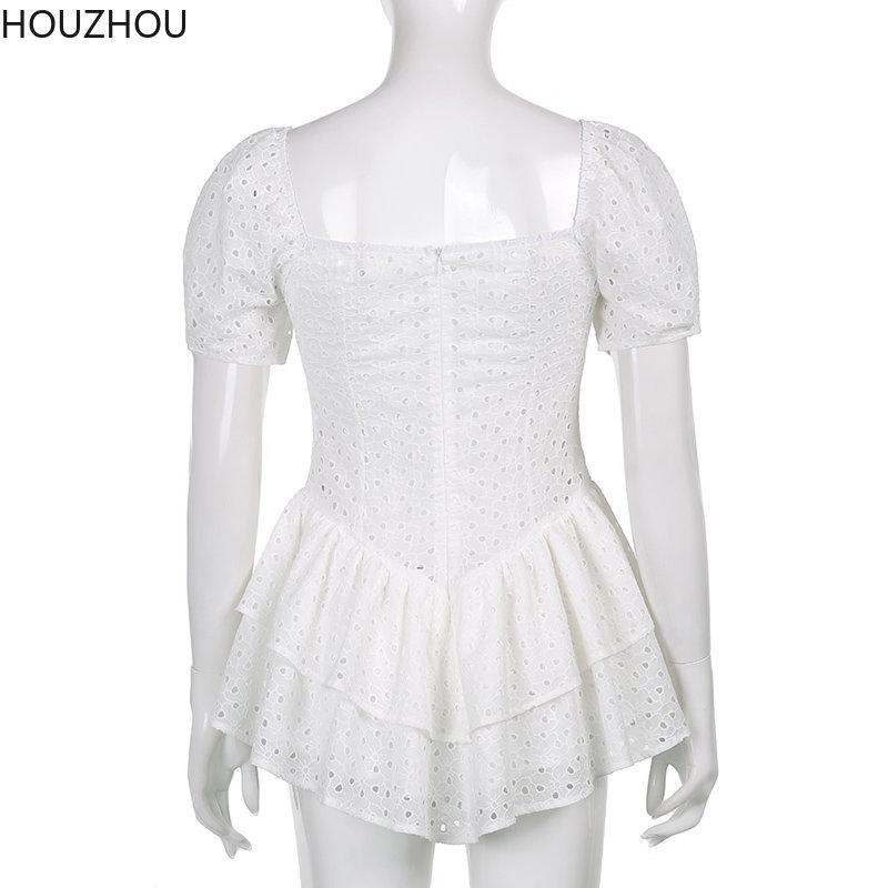Hollow Black Dress Women V Neck Ruffles Pleated Dress Puff Sleeve Chic Black Summer Party Dress French Vintage Corset Ladies