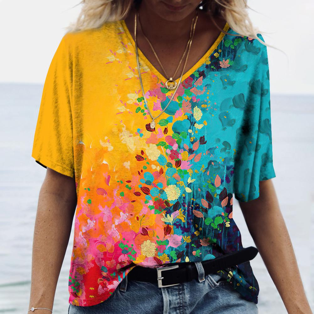 V-neck Women's Short Sleeve Summer Outdoor Casual T-shirt Tops Flower Printed Patterns Fashion