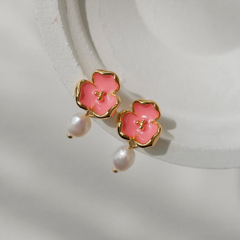 Elegant Lady's Flower Natural Pearl Pendant Earrings For Woman Fashion Jewelry Party Girl's Simple Sweet Earrings Gift 2024