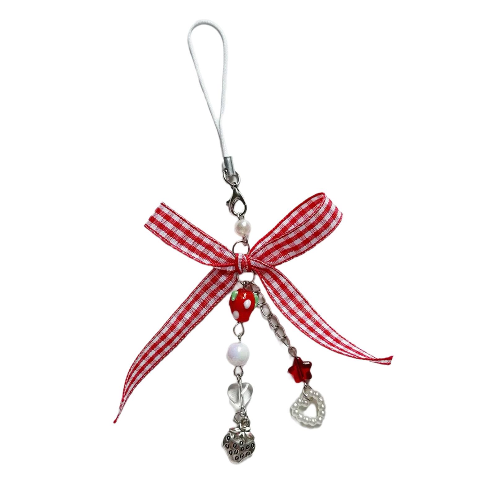 

Портативный брелок в виде клубники, милый аксессуар для телефонов в виде клубники, изящная лента-бантик для украшения телефонной цепочки