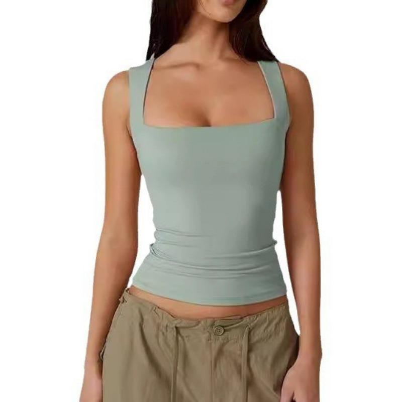 Women square neck wide strap ruched tank top solid white slim casual camisole