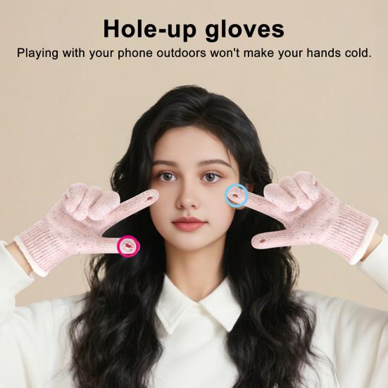 Women Winter Gloves Warm Touch Screen Gloves with Bow-Tie Sequins Knitted Thickened Gloves for Daily Outings Dating Party