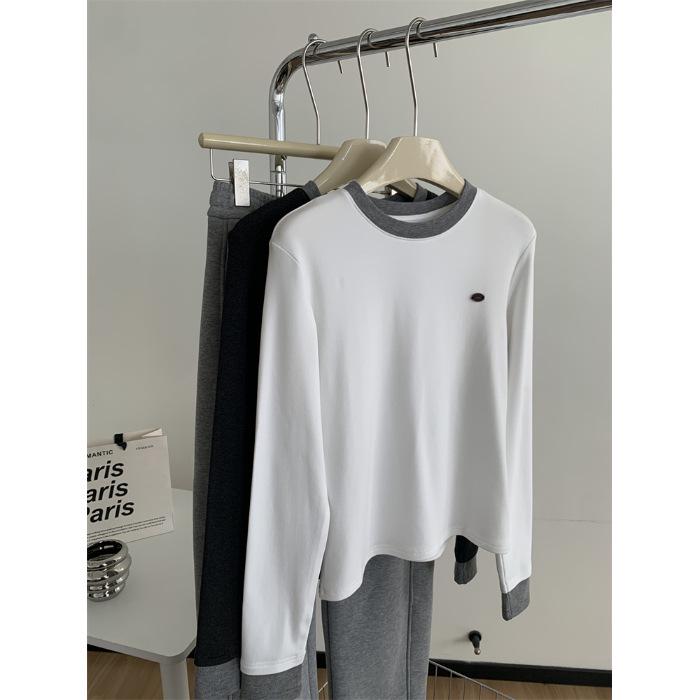 Women's Premium Color Block Round Neck Long Sleeve Fleece T-shirt - Autumn/Winter Imitation Cashmere Base Layer