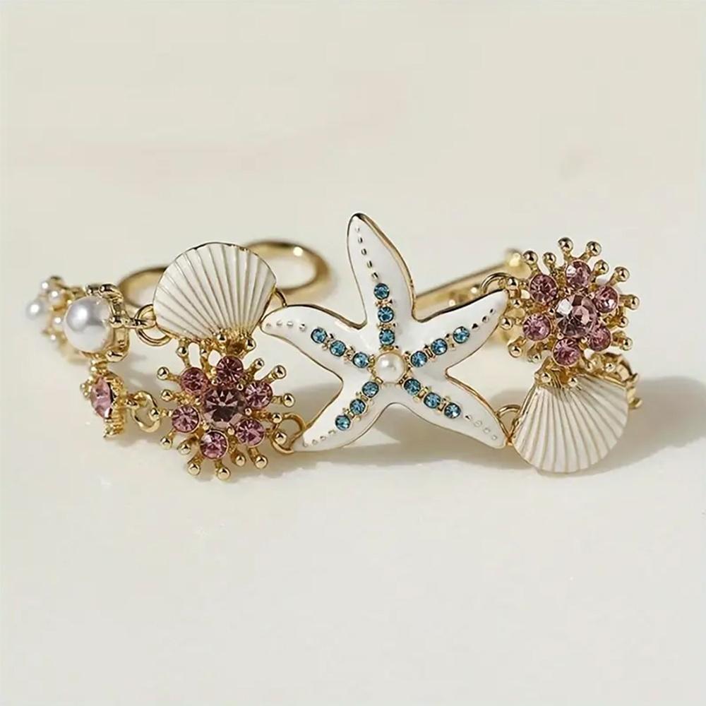 1PC Bohemian Beach Bracelet with Starfish, Coral and Shell Jewelry - Gold KC Plated Nautical Jewelry, Blue Pink Crystal