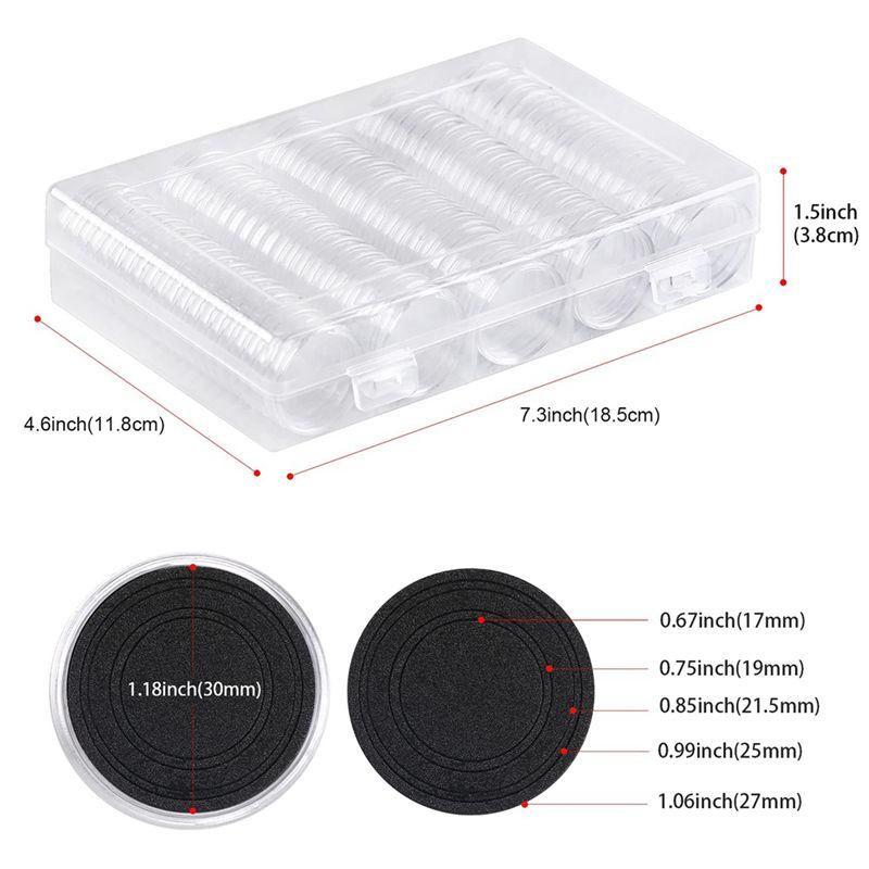 A84X-100 Pieces 30Mm Coin Capsules And 5 Sizes (17/20/25/27/30Mm) Protect Gasket Coin Holder Case With Storage Organizer Box Dur