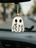 Wood Ghost Car Hanging Ornament, Floral Engraved Cute Spooky Pendant, Rearview Mirror Decor, Halloween Wall Decor for Home/Party