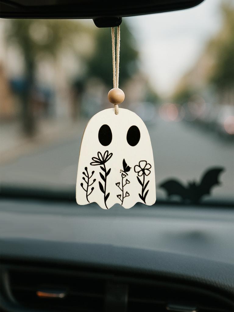 Wood Ghost Car Hanging Ornament, Floral Engraved Cute Spooky Pendant, Rearview Mirror Decor, Halloween Wall Decor for Home/Party