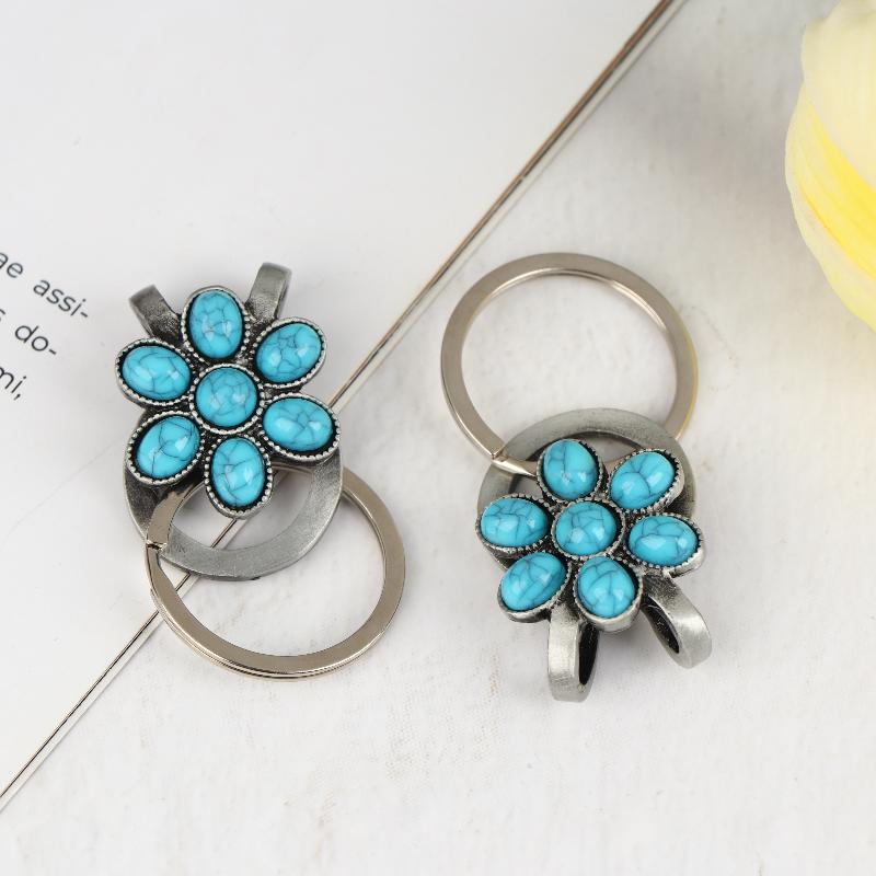 1/3Pcs Turquoise Keychain Bohemian Style Key Clip Bag Pendant With Flower Design Key Holder