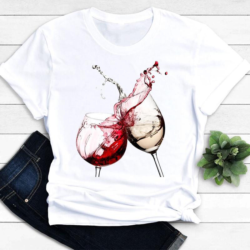 Womens Vintage Tee Color Wine Glass Print a Generation Hair Base Shirt Trend Aesthetic Graphic T Shirts Casual Tops