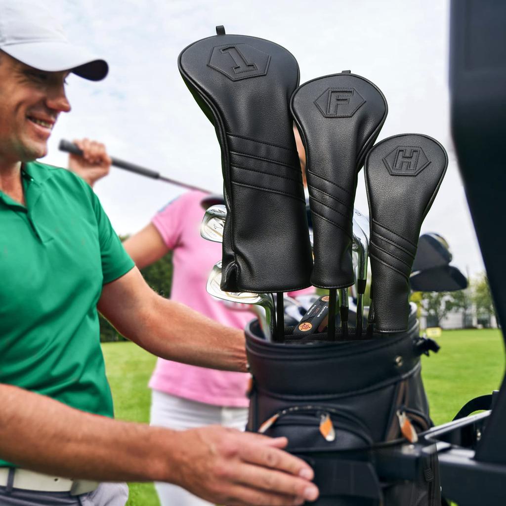 3-Piece Golf Headcover Set (1FUT) / Individual Golf Wood Cover Set for Driver, Fairway Wood, and Utility Clubs, Black (3-Piece Set (1FH))