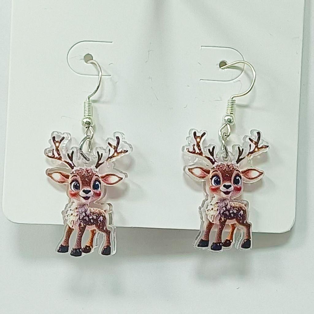 Christmas Cute Cartoon Earrings Elk Deer Animal Pendant Earrings Hook For Women Acrylic Dangle Earrings Party Gift