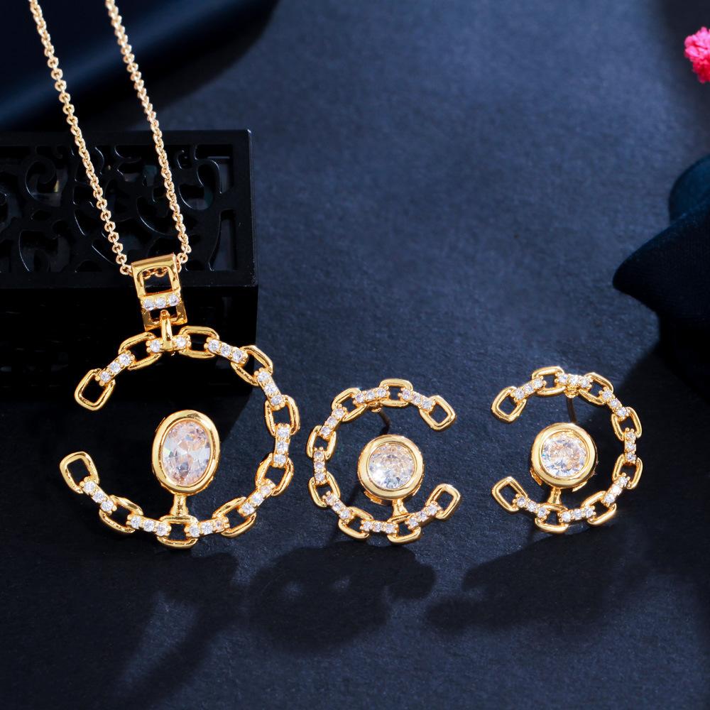 

Chain Set, Zircon Emerald Necklace Earrings Set Evening Dress Accessories