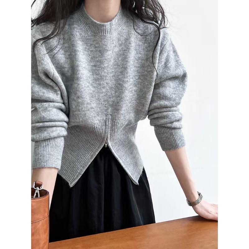 Autumn Round Neck Zipper Design Long Sleeved Knitted Sweater Loose Solid Color Casual Fashion Office Pullover Women Sweaters Female Clothing