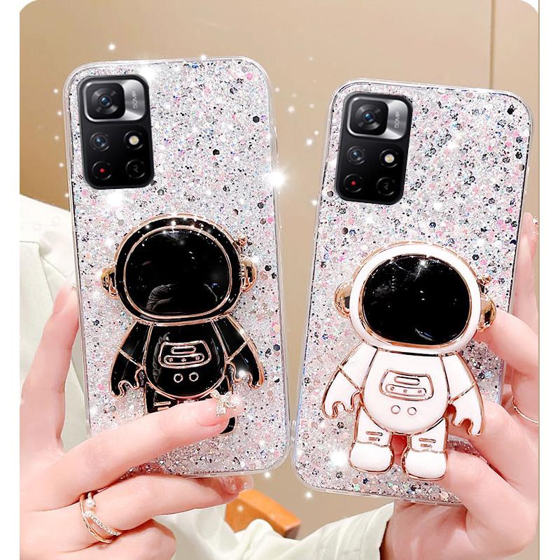 Astronaut Stand Glitter Silicone Case For Xiaomi Redmi Note 11 11S 10 10S 9 9S 9A 9C 10C 9T POCO X3 X4 F4 Gold Silver Foil Cover