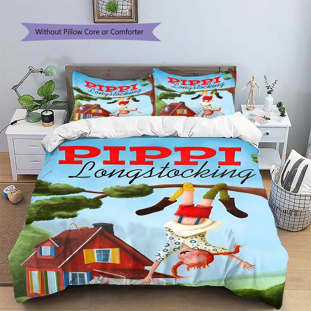 Pippi Longstocking Pattern Bedding,Quilt Set Quilt Cover Pillowcase Home Birthday Gift (1 * Duvet Cover + 2 * Pillowcase, Without Core)