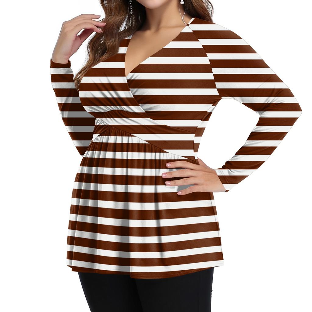 Cămașă de damă plus size cu mânecă lungă, top cu imprimeu plisat casual cu gât în V