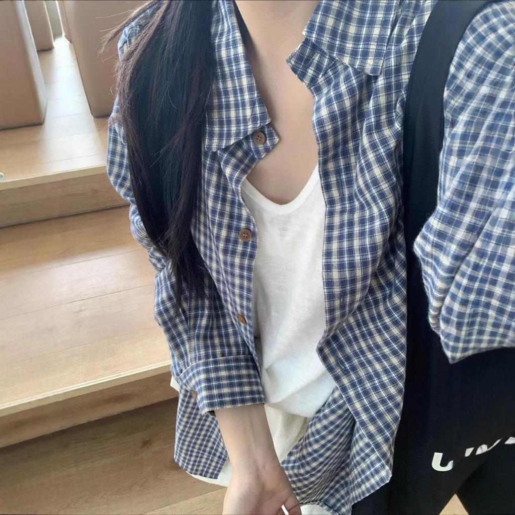 Women's Early Autumn Casual Blue Plaid Jacket-Shirt, American Retro Style
