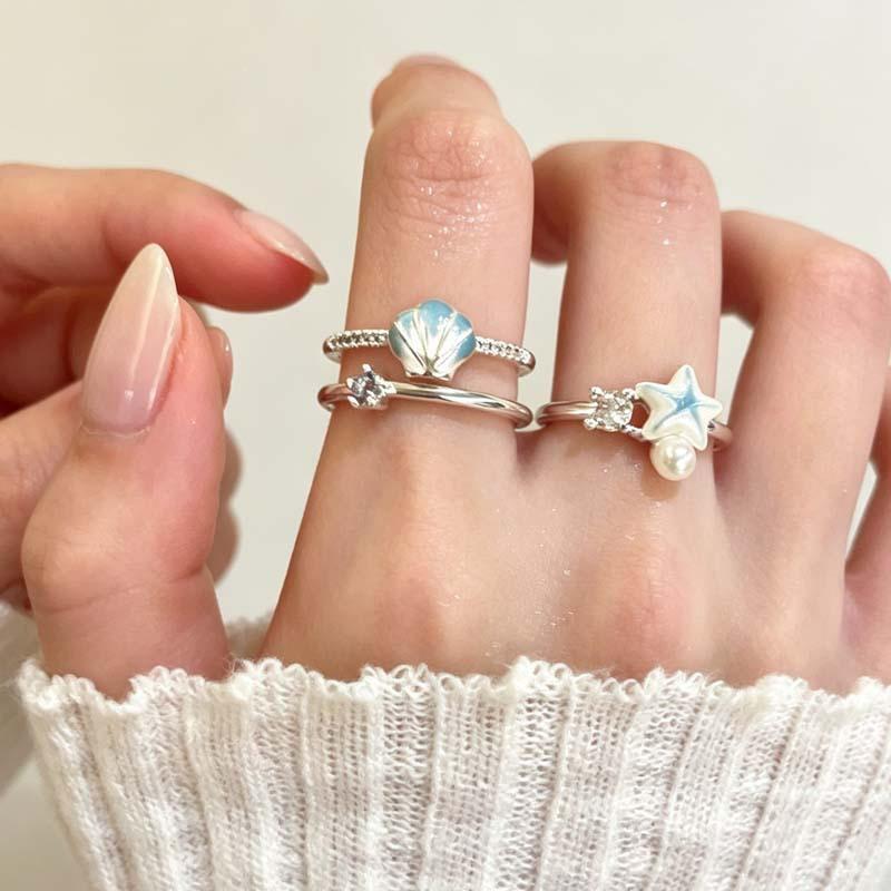 Sea Salt Milk ~ Blue Starfish Shell Ring, Women's Seaside Vacation Style, Stackable Niche Design, Index Finger Ring