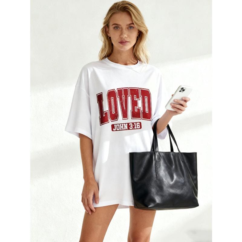Women's Short-Sleeve T-Shirt with Retro Distressed Red "LOVED" Letter and "JOHN 3:16" Slogan Print