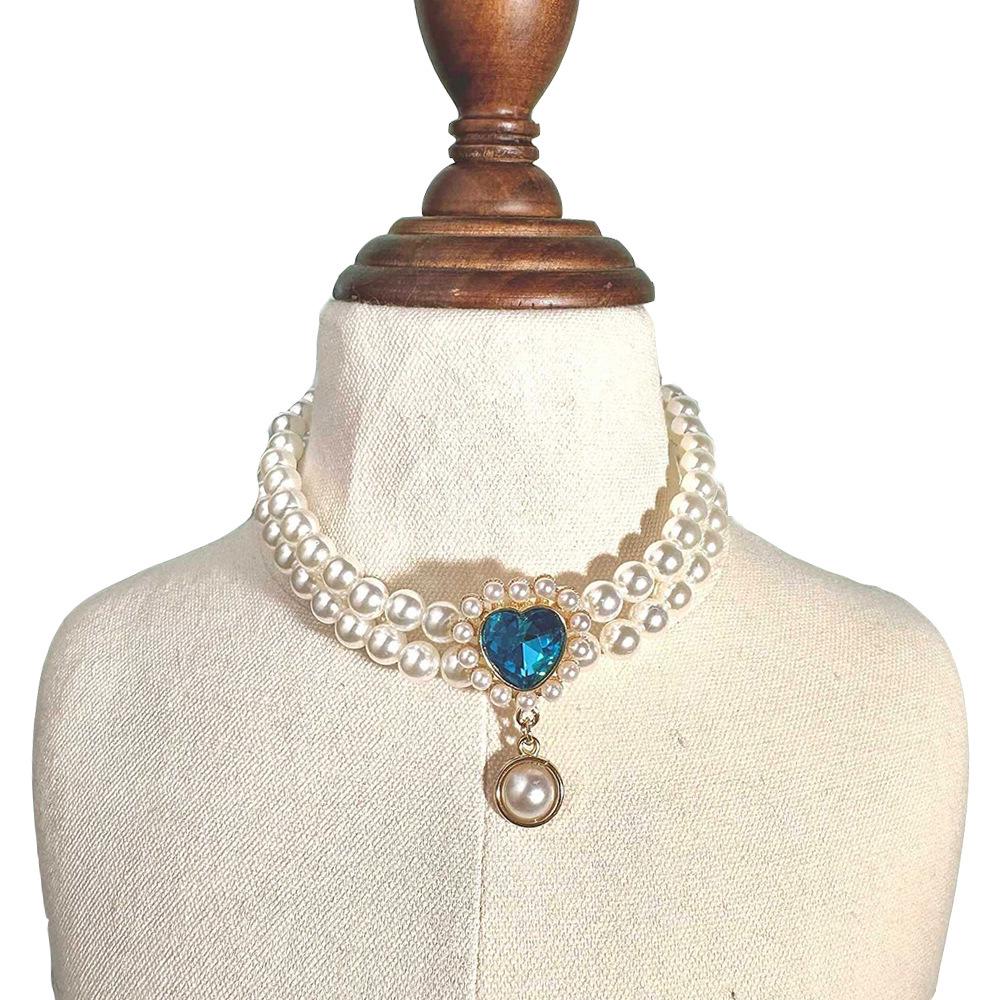 Cross-Border Pet Pearl Gemstone Collar: Double-Layer Cat Dog Necklace with Princess Pendant
